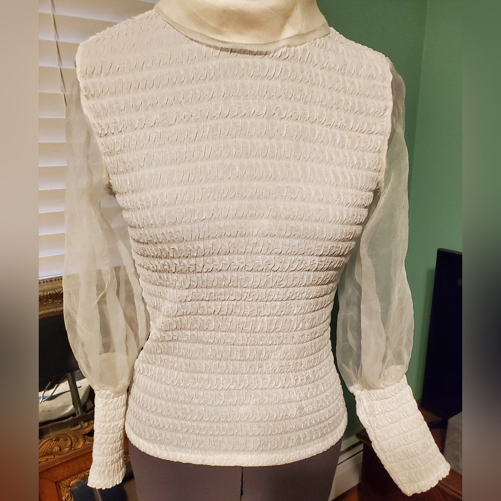 Vintage Smocked Sheer Sleeve Women's Top in White